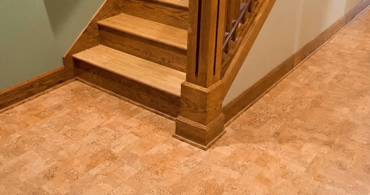 End of a staircase with cork flooring in New Haven, CT